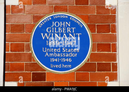 Gilbert John Winant blue plaque. L'ambassadeur des Etats-Unis auprès de l'UK, Aldford St, Mayfair, City of Westminster, London, England, UK. Mur. Greater London Council Banque D'Images