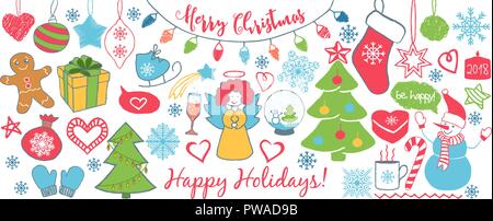 Doodles Noël banner ou des cartes de vœux faites à la main dans un style d'art de la ligne, isolé sur fond blanc. Vector illustration. Illustration de Vecteur