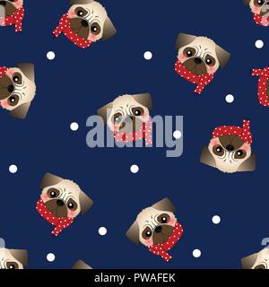 Le PUG Dog avec écharpe rouge sur fond bleu marine. Vector Illustration. Illustration de Vecteur