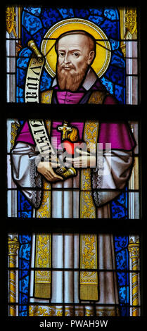 Vitrail représentant François Xavier dans la Cathédrale Saint-Bavon de Gand, en Flandre, Belgique. Banque D'Images