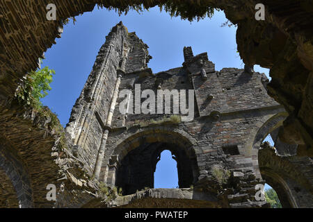 Vue des ruines à travers un toit s'est effondré à l'abbaye de Villers-la-Ville Banque D'Images