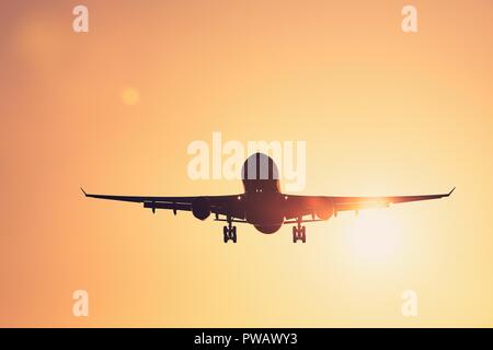 Low angle view airplane landing contre golden sky au coucher du soleil. Banque D'Images