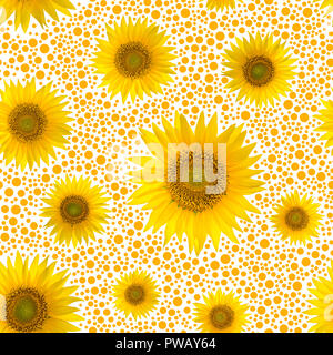 Modèle sans couture avec de gros tournesols lumineux et points sur fond jaune. Banque D'Images