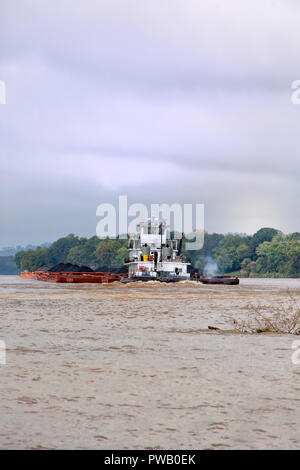 Tugboat 'Mary Artie Brannon, Paducah, KY' chargé de charbon poussant en aval de la rivière Ohio, barges, Parkersburg, West Virginia. Banque D'Images