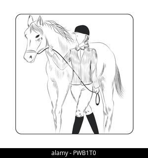 Femme jockey et l'illustration à la main. Contours femme en uniforme jockey holding rênes d'un cheval vecteur. Illustration de Vecteur