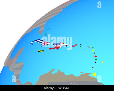 Caraïbes avec des drapeaux nationaux sur le globe. 3D illustration. Banque D'Images