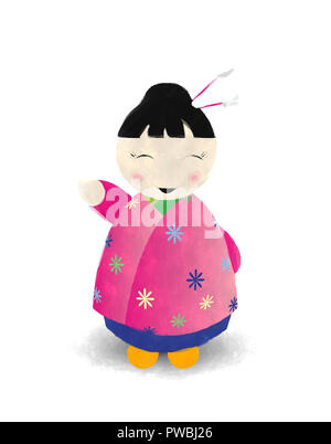 Illustration à l'aquarelle d'une poupée japonaise contre fond blanc Banque D'Images