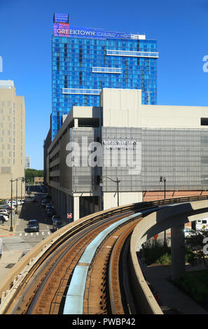 Vue depuis le 'élevée' ou 'DPeople Mover avec élévation des detroit Train' pour une balade dans la ville, dans le Michigan, USA Banque D'Images
