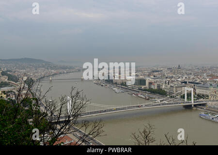 Budapest, vue panoramique sur le pont Elisabeth et les deux rives du Danube depuis la colline de Gellért. Hongrie Banque D'Images