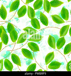 Un modèle uniforme de feuilles et branches sur coups de pinceau aquarelle, un fond d'impression de répétition Banque D'Images