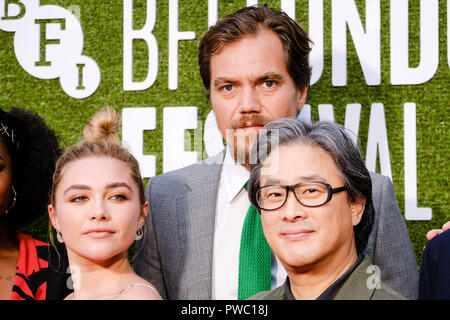 Exprimées à la London Film Festival de la Little Drummer Girl le dimanche 14 octobre 2018 s'est tenue au jardin du remblai Cinéma, Londres. Photo : Florence Pugh, Michael Shannon, Park Chan-Wook. Photo par Julie Edwards. Banque D'Images