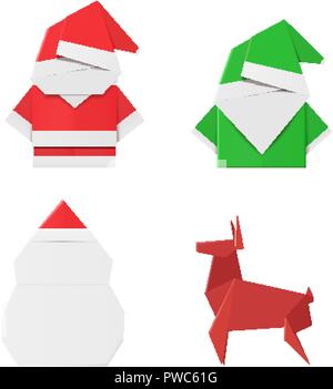 Ensemble de personnages de Noël origami : Santa Claus, Elf, bonhomme de neige et les cerfs. Décorations pour les jouets de papier Illustration de Vecteur