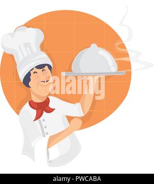 Master chef holding hot platter. Gastronomie. Vector cartoon character Illustration de Vecteur