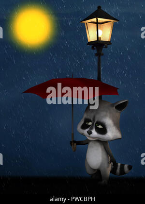 Le rendu 3D d'un cute cartoon racoon debout sous un réverbère et tenant un parapluie rouge sous la pluie. Il fait nuit et la lune brille. Banque D'Images