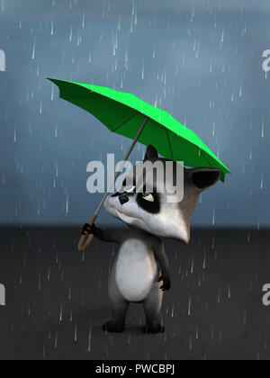 Le rendu 3D d'un raton laveur cute cartoon tenant un parapluie vert sous la pluie. Banque D'Images