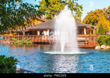 Fontaine sur le lac dans le parc paysager Mezhigirya près de Kiev, Ukraine. Banque D'Images