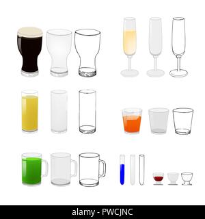 Verres de bière, vin et autres boissons isolé sur fond blanc. Contours et télévision verre verres collection. Illustration de Vecteur