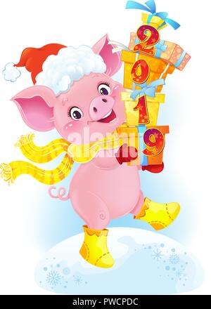 Cochon de terre jaune avec les coffrets cadeaux. Joli symbole de l'horoscope chinois. Illustration de Vecteur