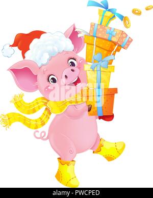 Cochon de terre jaune avec les coffrets cadeaux. Joli symbole de l'horoscope chinois. Illustration de Vecteur