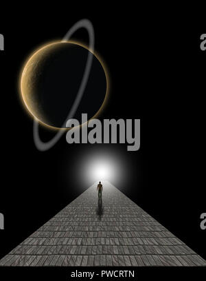 Peinture surréaliste. La figure de l'homme marche sur la route de la pierre à la lumière. L'espace profond Banque D'Images