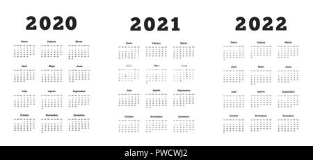 Ensemble de format A4 calendriers simple vertical en espagnol au 2020, 2021, 2022 ans on white Illustration de Vecteur