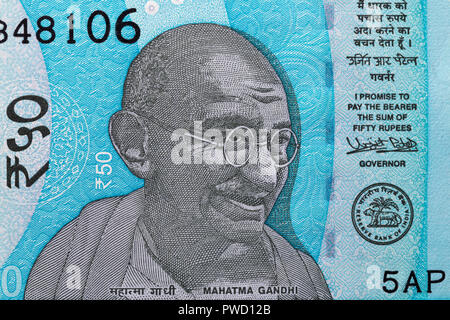Portrait de Mahatma Gandhi à partir de 50 roupies billet, Inde, 2017 Banque D'Images