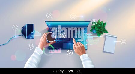 Mains de développeur travaillant sur le clavier d'ordinateur portable sur blanc 24. vue d'en haut. Lieu de travail de programmateur avec ordinateur portable, smartphone, usine de table, d'icônes et d'éléments d'interface. Illustration de Vecteur