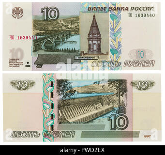 Billet de 10 roubles, Pont, Rivière Yenisei, Krasnoyarsk, Russie, 1997 Banque D'Images