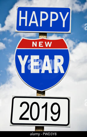 Hapy Nouvelle Année 2019 written on american roadsign Banque D'Images