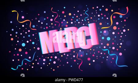 Merci ou merci en français de fête qui se chevauchent avec lettrage ronde de couleur violet foncé plus de confettis pour votre arrière-plan graphique et web design Illustration de Vecteur