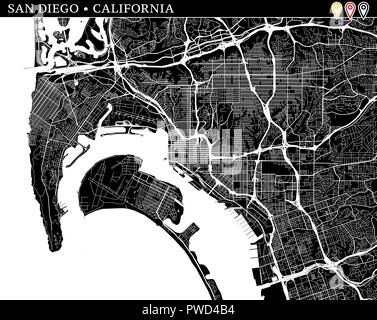 Simple Plan de San Diego, Californie, USA. Version noir et blanc pour l'assainissement de l'horizons et impressions. Ce plan de San Diego contient trois marqueurs qui un Illustration de Vecteur