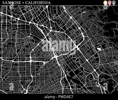 Simple Plan de San Jose, Californie, USA. Version noir et blanc pour l'assainissement de l'horizons et impressions. Ce plan de San Jose contient trois marqueurs qui sont Illustration de Vecteur