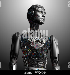 Robot-Man. Cyborg futuriste très détaillé. Haut du corps isolé sur fond gris. 3D render. Banque D'Images