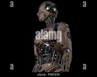 Robot-Man. Cyborg futuriste très détaillé. Haut du corps isolé sur fond noir. 3D render. Banque D'Images