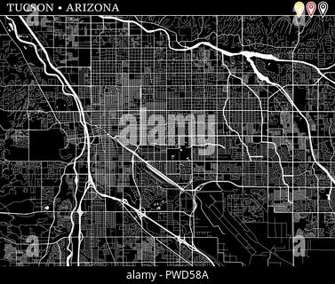 Carte simple de Tucson, Arizona, USA. Version noir et blanc pour l'assainissement de l'horizons et impressions. Cette carte de Tucson contient trois marqueurs qui sont le groupe Illustration de Vecteur