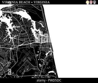 Simple carte de Virginia Beach, Virginia, USA. Version noir et blanc pour l'assainissement de l'horizons et impressions. Cette carte de Virginia Beach contient trois marke Illustration de Vecteur