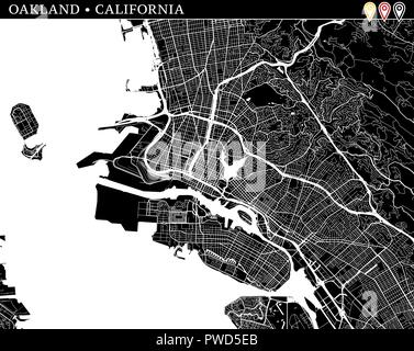 Carte simple d'Oakland, Californie, USA. Version noir et blanc pour l'assainissement de l'horizons et impressions. Cette carte d'Oakland contient trois marqueurs qui sont g Illustration de Vecteur