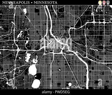 Simple Plan de Minneapolis, Minnesota, USA. Version noir et blanc pour l'assainissement de l'horizons et impressions. Ce plan de Minneapolis contient trois marqueurs wh Illustration de Vecteur