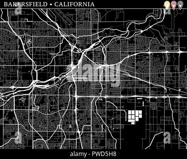 Simple carte de Bakersfield, Californie, USA. Version noir et blanc pour l'assainissement de l'horizons et impressions. Cette carte de Bakersfield contient trois marqueurs w Illustration de Vecteur