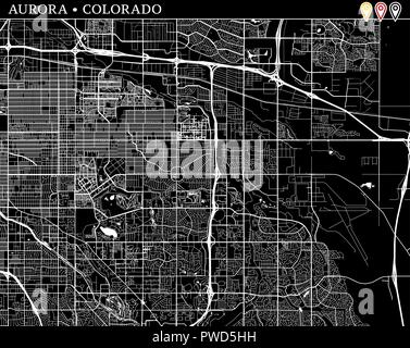 Carte simple d'Aurora, Colorado, USA. Version noir et blanc pour l'assainissement de l'horizons et impressions. Cette carte d'Aurora contient trois marqueurs qui sont group Illustration de Vecteur