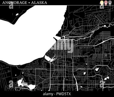 Carte simple d'Anchorage, Alaska, USA. Version noir et blanc pour l'assainissement de l'horizons et impressions. Cette carte d'Anchorage contient trois marqueurs qui sont g Illustration de Vecteur