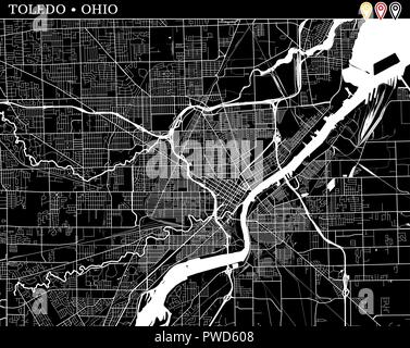 Simple carte de Toledo, Ohio, USA. Version noir et blanc pour l'assainissement de l'horizons et impressions. Cette carte de Tolède contient trois marqueurs qui sont regroupés un Illustration de Vecteur