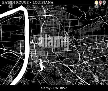 Simple carte de Baton Rouge, Louisiane, Etats-Unis. Version noir et blanc pour l'assainissement de l'horizons et impressions. Cette carte de Baton Rouge contient trois marqueurs wh Illustration de Vecteur