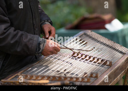 Vue rapprochée du musicien jouant dulcimer traditionnel avec des maillets Banque D'Images