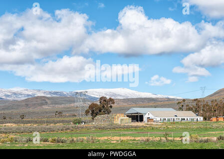 CERES, AFRIQUE DU SUD, le 8 août 2018 : paysage agricole sur la route R46 près de Ceres dans la province occidentale du Cap. Des granges, des caisses de fruits, de l'électricité l'infrastructu Banque D'Images