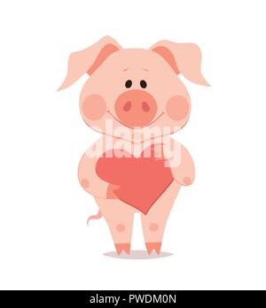 Cartoon petit cochon avec cœur dans la main. L'année du cochon. Le Nouvel An chinois. Illustration de Vecteur