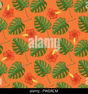 Modèle avec plantes tropicales monstera et flovers Illustration de Vecteur