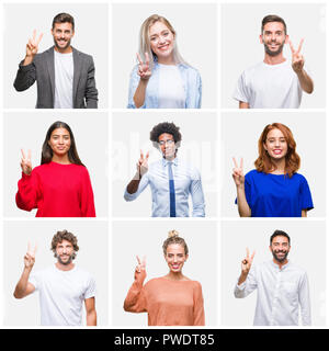 Collage de groupe de jeunes femmes et hommes sur fond isolés montrant et pointant vers le haut avec les doigts le numéro deux en souriant confiant et ha Banque D'Images