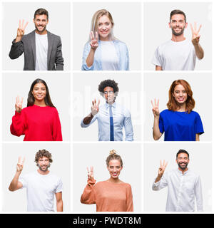 Collage de groupe de jeunes femmes et hommes sur fond isolés montrant et pointant vers le haut avec les doigts numéro trois en souriant et confiant Banque D'Images