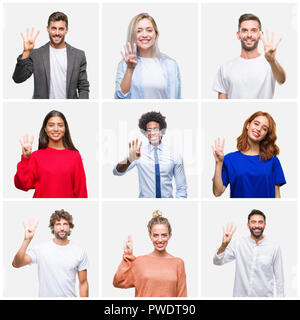 Collage de groupe de jeunes femmes et hommes sur fond isolés montrant et pointant vers le haut avec les doigts numéro quatre en souriant confiant et h Banque D'Images